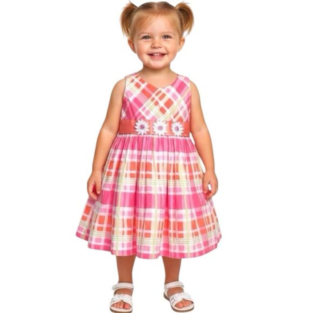 Youngland  Girls Dress Size 3 Plaid Floral Ribbon Toddler Spring Summer Pink